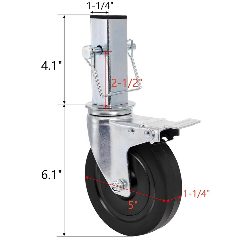 ELFULLY 5 Inch Scaffolding Casters, Set of 2 Baker Scaffold Wheels with Dual Locking Brakes, Heavy Duty 1-1/4" Square Stem Scaffolding Accessories for Workbench Shelves, 440 lbs Capacity per Caster - Image 2